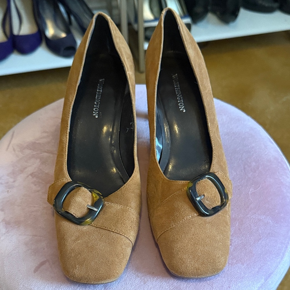 Vaneli Women's Brown Suede Heels with Buckle